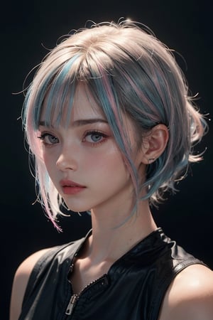 a 20 yo woman, long bobcut BLUE HAIR PINK HIGHLIGHTS, (hi-top fade:1.3), dark theme, soothing tones, muted colors, high contrast, (natural skin texture, hyperrealism, soft light, sharp)