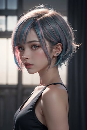 a 20 yo woman, long bobcut BLUE HAIR PINK HIGHLIGHTS, (hi-top fade:1.3), dark theme, soothing tones, muted colors, high contrast, (natural skin texture, hyperrealism, soft light, sharp)