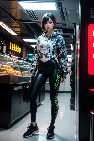 edgNoire,upper anime selfie body shot peace sign,female, woman wearing black bomberjack, sleek designer bodysuit, (cyber leggings:1.1) ,cyberpunk scene, front frowning ,yorha no. 2 type b,weiboZH,ahegao hoodie