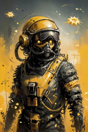 stalker,an astronaut with a futuristic space suite with a blacked out visor made of butter. On yellow background 