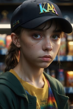 Young woman, ponytail black with rainbow highlights mossy yellow gold eyes, a baseball cap placed carelessly on her head ((K/DA)). She has her head resting on one hand. She has black makeup, with black kohl. She is behind the counter of a geek store. She seems to be deeply bored, her hand holds her head. Dark atmosphere, old shop. She has a badge with her name, "Lucy". Flawless text , parted bangs. 4D. 300k, 50mm, f/1.4, sharp focus, reflections, high-quality background , UHD, sharp focus, reflections, high-quality background illustration by Marc Simonetti Carne Griffiths, Conrad Roset, 3D anime girl, Full HD render + immense detail + dramatic lighting + well lit + fine | ultra - detailed realism, full body art, lighting, high - quality, engraved, ((photorealistic)), ((hyperrealistic)), ((perfect eyes)), ((perfect skin)), ((perfect hair)), ((perfect shadow)), ((perfect light)) 800k UHD 100mm. 4D. 300k, 50mm, f/1.4, sharp focus, reflections, high-quality background , UHD, sharp focus, reflections, high-quality background illustration by Marc Simonetti Carne Griffiths, Conrad Roset, 3D anime girl, Full HD render + immense detail + dramatic lighting + well lit + fine | ultra - detailed realism, full body art, lighting, high - quality, engraved, ((photorealistic)), ((hyperrealistic)), ((perfect eyes)), ((perfect skin)), ((perfect hair)), ((perfect shadow)), ((perfect light)) ,cinematic moviemaker style,
