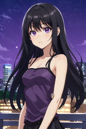 uwudemon, a grumpy girl with long black hair and front bangs. with large brown eyes and light brown skin. wearing a black tube top. standing outside at night with city scape and night sky. in anime style school ID photo with a purple hue. 