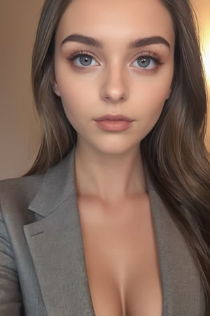 (1girl), (low quality), badquality,amateur photography , (raw), jpg,  (grainy snapchat still),amateur photo,(homemade photo),(grainy),amateur photo, (flash photo),POV. (close-up) of attractive 21 years old glamour model with balkan-levant-face. sleek straight hair.  wearing formal suit. she has perfect symmetrical reflective pupils and highly detailed glossy eyes .  iPhone 14 Pro and Pro Max feature a 48-megapixel sensor with an f/1.78 lens.