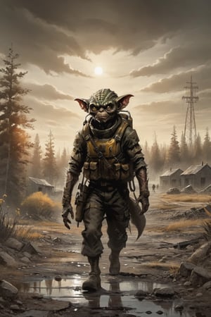 stalker,Alien Gremlin Engineer walking through a wasteland, mono-ha, dramatic lighting, concept art, dark muted and vibrant bold thick outlines, intense interplay of light and shadows, close up, fantasy realism, 70s pulp graphic novel realism, hyper-detailed high contrast 