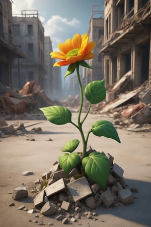 post-apocalyptic wasteland, nuclear fallout, the most beautiful and perfect flower with green leaves growing from dust and rubble, delicate and vulnerable, representing hope and a new beginning, vibrant colors, dramatic light, extremely detailed, ultra-realistic, masterpiece,  letitflrsh 