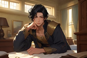 Young man with light skin and black hair. He is in his room sleeping. In a fantasy world. 
(masterpiece), best quality, expressive eyes, perfect face