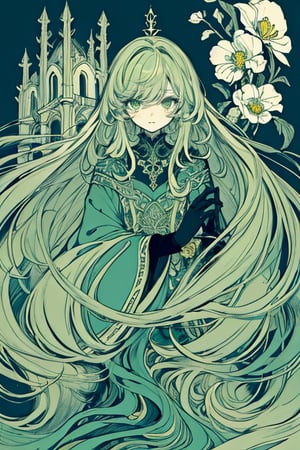 masterpiece, best quality, 1girl, long hair, flowers, tower background, flat color, lineart, abstract, ornate, green theme