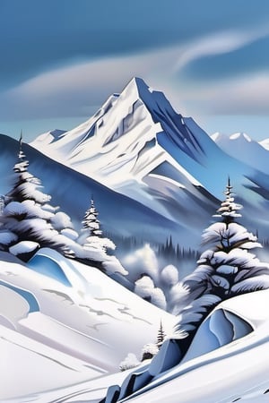 snowymountain value, Glacial Majesty style, Majestic snowy mountains, icy peaks, pristine snowfields, influenced by winter aesthetics, cool color palette, crisp air, Emphasizing the grandeur and serenity of the snowy mountain landscape, Straying from the authentic representation of snowy mountains, losing its majestic allure.