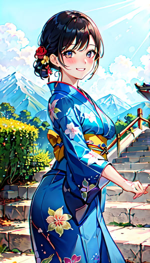 saoridef, upper body, smile, blush, outdoors, day, simple background, blue sky, sky, temple, looking at viewer, stairs, mountain, moody lighting, facing viewer, kimono