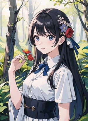 masterpiece, best quality, 1girl, flowers, forest, look at viewers