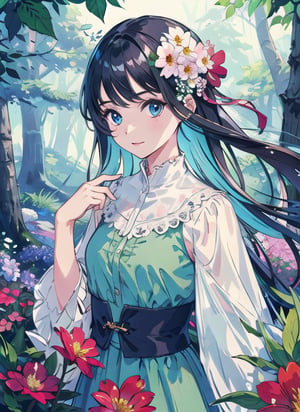 masterpiece, best quality, 1girl, flowers, forest, look at viewers