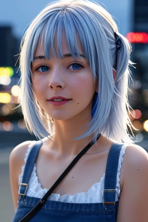 masterpiece, best quality, 1girl, Gawr Gura, hololive, photorealistic, upperbody, low lighting, big city, PHOTOGRAPHY, attractive face, upperbody shot,  blue hair