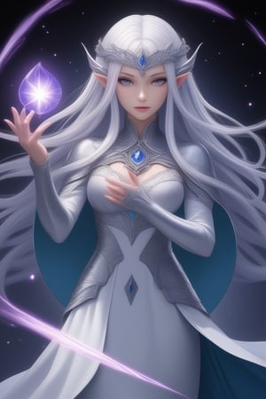 anime key visual, modern Elven female sorceress, white long hair in georgeous silver dress with armour plates, holds magical stuff with crystal in her hand. Sorceress casts a spell. Magical, deep color, fantastical, fantasy, detailed ,<lora:659095807385103906:1.0>
