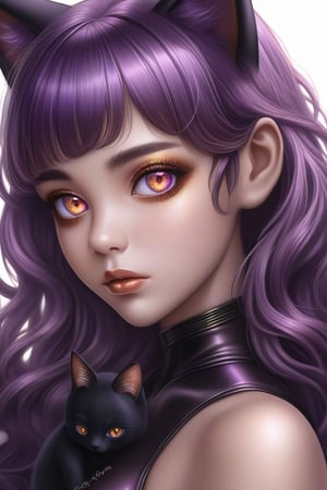 breathtakingly detailed, hyper-realistic face illustration of an ethereal anime girl with long, flowing purple hair and mesmerizing amber eyes, dressed in a skin-tight black cat suit with metallic accents, semi realistic, Rhonda Abigail