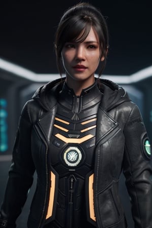 1girl,  wearing cyberpunk jacket,  metahuman,  afternoon at park,  3d,  realtime render,  unreal engine render,  unreal engine 5,  ultra texture,  unreal engine 5,  ray tracing,  nvidia vxao ambient occlusion,  ray tracing,  photorealistic texture,  nvidia hairworks,  hair strands, beijing actress face, bangs, straight long hair