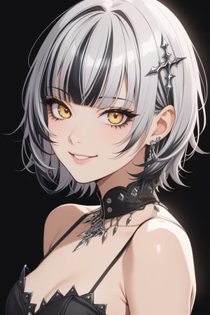 (realistic style), 1girl, shiori novella,
short hair, silver hair, yellow eyes, small breasts, dress, cropped jacket, seductive smile, head tilt, 
white background, simple background, anime coloring, 
masterpiece, best quality,