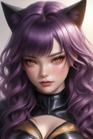 breathtakingly detailed, hyper-realistic face illustration of an ethereal anime girl with long, flowing purple hair and mesmerizing amber eyes, dressed in a skin-tight black cat suit with metallic accents, semi realistic face, american, cleavage, redneck