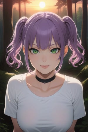 (realistic style),1girl, solo,
short hair, purple hair, green eyes, twintails, large breasts, white t-shirt, choker, seductive smile, 
forest, sunset, anime coloring, asanagi, 
masterpiece, best quality,