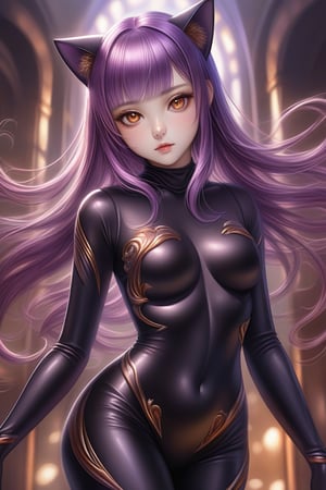 breathtakingly detailed, hyper-realistic illustration of an ethereal anime girl with long, flowing purple hair and mesmerizing amber eyes, dressed in a skin-tight black cat suit with metallic accents