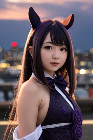 masterpiece, best quality, 1girl, ninomae inanis, ina , hololive, photorealistic, upperbody, low lighting, big city, PHOTOGRAPHY, attractive korean cosplay face, upperbody shot,