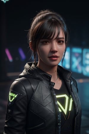 1girl,  wearing cyberpunk jacket,  metahuman,  afternoon at park,  3d,  realtime render,  unreal engine render,  unreal engine 5,  ultra texture,  unreal engine 5,  ray tracing,  nvidia vxao ambient occlusion,  ray tracing,  photorealistic texture,  nvidia hairworks,  hair strands, korean face, bangs