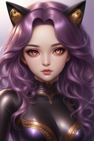 breathtakingly detailed, hyper-realistic face illustration of an ethereal anime girl with long, flowing purple hair and mesmerizing amber eyes, dressed in a skin-tight black cat suit with metallic accents, semi realistic face, american, Amelia Vanessa