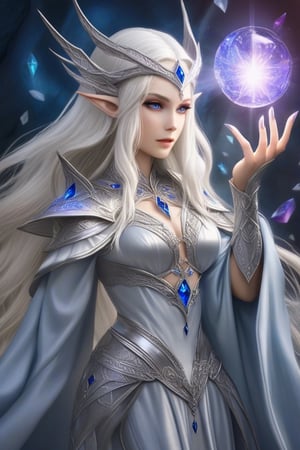Elven female sorceress, white long hair in georgeous silver dress with armour plates, holds magical stuff with crystal in her hand. Sorceress casts a spell. Magical, deep color, fantastical, fantasy, detailed 