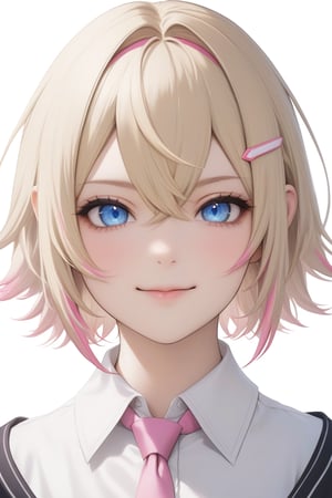 (realistic style) 1girl, mococo abyssgard,
short hair, blonde hair with pink hairline, blue eyes, small breasts, white shirt, collared shirt, necktie, hairpin, seductive smile, head tilt, 
white background, simple background, anime coloring, 
masterpiece, best quality,