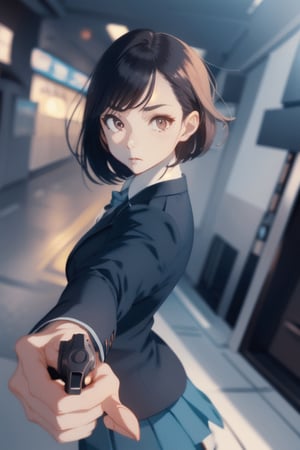 expressive eyes, perfect face, brown_eyes, skirt, blazer, (aiming at viewer, handgun, holding pistol), shooting, muzzle flash,realhands, back street