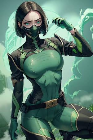 masterpiece, detailed eyes, slim body, detailed image, highly detailed, 1girl, wide_hip, narrow_waist, black hair, short_hair,valorantViper, green eyes, green_clothes, (masked), smoky_makeup, tight_clothes, bodysuit, thigh_boots, gloves, belt, respirator, camel_toe, dynamic_pose, simple_background, (green_fog:1.6),disgusted face