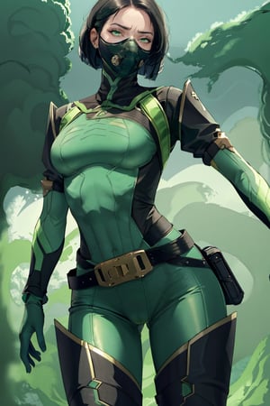 masterpiece, detailed eyes, slim body, detailed image, highly detailed, 1girl, wide_hip, narrow_waist, black hair, short_hair,valorantViper, green eyes, green_clothes, (masked), smoky_makeup, tight_clothes, bodysuit, thigh_boots, gloves, belt, respirator, camel_toe, dynamic_pose, simple_background, (green_fog:1.6),disgusted face