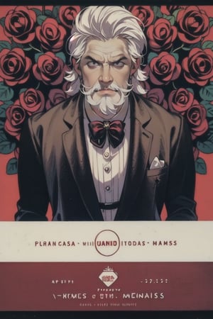 (old man), gang, mafia, soft hat, suit, belt, ((white_hair)), (slicked_back_hair), (short_beard), cartoon, skinny body, (1 page manga), (roses), (bow_tie)