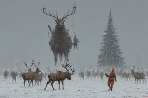 Christmas on the battlefield, christmas, snow, falling_snow, christmas_tree, army, reindeer creature, painting by jakub rozalski