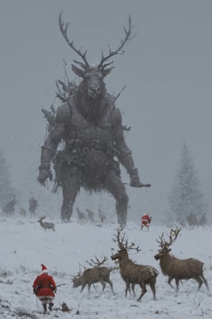 Christmas on the battlefield, christmas, snow, falling_snow, christmas_tree, santa army, reindeer creature, painting by jakub rozalski