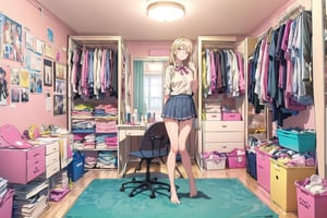 masterpiece, detailed eyes, slim body, detailed image, highly detailed, 1girl, gyaru,wide_hip, narrow_waist, blonde, long_hair,indoor,  school_uniform, kitagawa marin sb, bedroom, ((all_four)), (Underwear_thrown_away), desk, closet, bed, magazine, snack, Miscellaneous things, note, lingeries, mirror, posters, Masturbation_devices, condoms, cosmetics, bare_foot