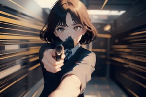 (masterpiece), best quality, expressive eyes, perfect face, brown_eyes, skirt, blazer, (aiming at viewer, handgun, holding pistol), shooting, muzzle flash