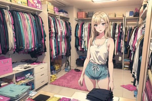 masterpiece, detailed eyes, slim body, detailed image, highly detailed, 1girl, wide_hip, narrow_waist, blonde, long_hair,indoor, white_tank_top, dolphin shorts, kitagawa marin sb, bedroom, ((all_four)), (Underwear_thrown_away), desk, closet, bed, magazine, snack, Miscellaneous things, note, lingeries, mirror, posters, shopping bag, Masturbation devices, condoms, cosmetics