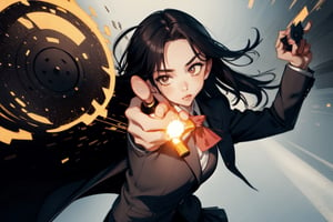 expressive eyes, perfect face, brown_eyes, skirt, blazer, (aiming at viewer, handgun, holding pistol), shooting, muzzle flash,realhands, Plaza