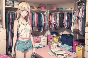 masterpiece, detailed eyes, slim body, detailed image, highly detailed, 1girl, wide_hip, narrow_waist, blonde, long_hair,indoor, white_tank_top, dolphin shorts, kitagawa marin sb, bedroom, all_four, (Underwear_thrown_away),realhands, desk, closet, bed, magazine, snack