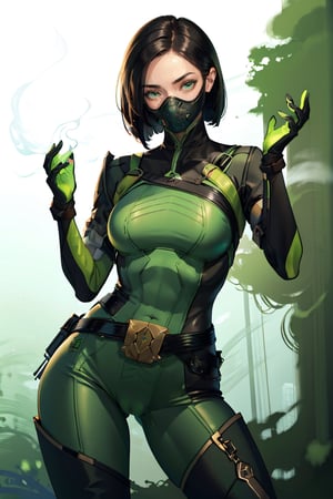 masterpiece, detailed eyes, slim body, detailed image, highly detailed, 1girl, wide_hip, narrow_waist, black hair, short_hair,valorantViper, green eyes, green_clothes, (masked), smoky_makeup, tight_clothes, bodysuit, thigh_boots, gloves, belt, respirator, camel_toe, dynamic_pose, simple_background, (green_fog:1.6), adjusting gloves