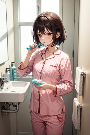 masterpiece, best quality, ultra-detailed, fine skin texture, fine hair texture, fine clothing texture, perfect anatomy, illustration, cartoon, Comic book-like composition,

(the view of 1Girl brushing teeth in the bathroom), (sleepy:1.3),

skinny_body, brown_eyes, bangs, hime_cut, black_short_hair, (pink pajamas, shirts, pants), Mirror, sink, towel, toothbrush, toothpaste,  soap, zzz,jmt