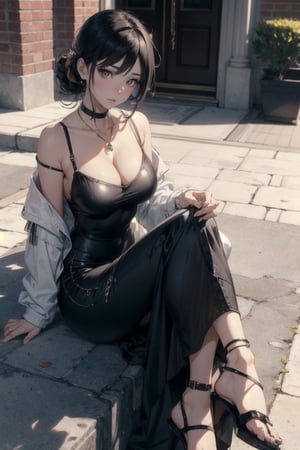 Masterpiece, Realistic, High detailed, Korean girl, milf, light makeup, teardrop, ((light_gray_clothing)), (long_dress), (spandex), (long_sleeves), non_slit, tight_clothing, narrow_waist, collarbone, cleavage, black hair, updo, brown eyes, strappy sandals, channel_bag, starbucks coffee, Dongtan missy, Dongtan style, airpods, facing_viewer, holding_cellphone, van cleef necklace, 