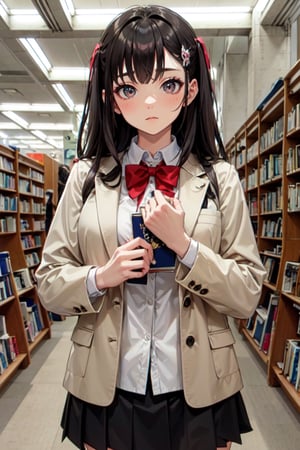 masterpiece, best quality, ultra-detailed, illustration,NCT2, solo, wide shot, library, indoor, bookshelf, books,

(the view of a girl standing in front of a bookshelf and choosing a book),

(Japanese middle school girl), (japanese school uniform), ((white shirt, black skirt, black blazer, beige vest, red tie)), (light_makeup), (skinny_body), (bangs), (hime_cut), black_hair