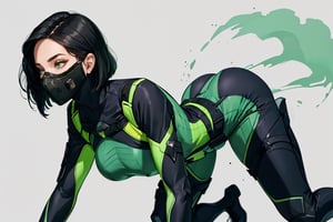 masterpiece, detailed eyes, slim body, detailed image, highly detailed, 1girl, wide_hip, narrow_waist, black hair, short_hair,valorantViper, green eyes, green_clothes, (masked), smoky_makeup, tight_clothes, bodysuit, thigh_boots, gloves, belt, respirator, camel_toe, dynamic_pose, simple_background, green_fog, from_side, all-fours