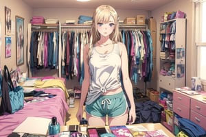 masterpiece, detailed eyes, slim body, detailed image, highly detailed, 1girl, wide_hip, narrow_waist, blonde, long_hair,indoor, white_tank_top, dolphin shorts, kitagawa marin sb, bedroom, ((all_four)), (Underwear_thrown_away), desk, closet, bed, magazine, snack, Miscellaneous things, note, lingeries, mirror, posters, shopping bag, Masturbation devices, condoms, cosmetics