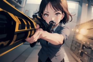 (masterpiece), best quality, expressive eyes, perfect face, brown_eyes, skirt, blazer, aiming a shotgun, weapon, ,shotgun, aiming at viewer, shooting, muzzle fire