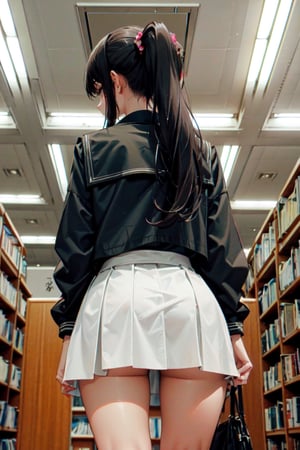 masterpiece, best quality, ultra-detailed, illustration,NCT2, solo, wide shot, library, indoor, bookshelf, books,

(the view of a girl standing in front of a bookshelf and choosing a book),

(Japanese middle school girl), (japanese school uniform), white shirt, ((black skirt)), ((red blazer)), ((green tie)), (light_makeup), (skinny_body), (bangs), (hime_cut), black_long_hair, long_ponytail,

from_behind, (from_below:1.4)

