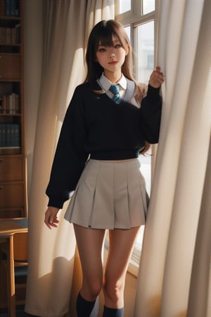 Japanese girl, bangs, school_uniforms, library, NCT0, Curtains swaying in the wind, sunlight streaming in, a nice leg line