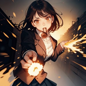 expressive eyes, perfect face, brown_eyes, skirt, blazer, (aiming at viewer, holding fire), shooting, muzzle flash,realhands