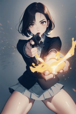 (masterpiece), best quality, expressive eyes, perfect face, brown_eyes, skirt, blazer, (aiming at viewer, handgun, holding pistol), shooting, muzzle flash,realhands